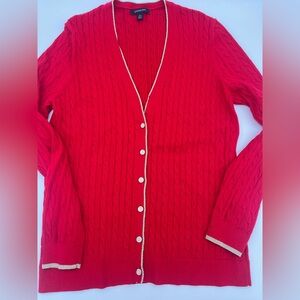 Lands' End Red Cable Knit Cardigan Sweater with Gold Trim Size L Preppy Holiday